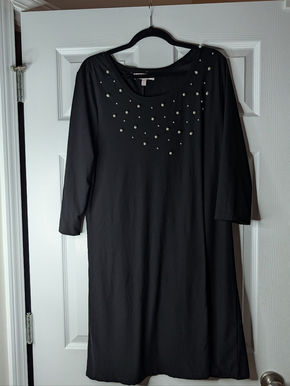 Harlow & Rose Black Pearl Beaded Midi Dress Women's Large 3/4 Sleeve Stretch